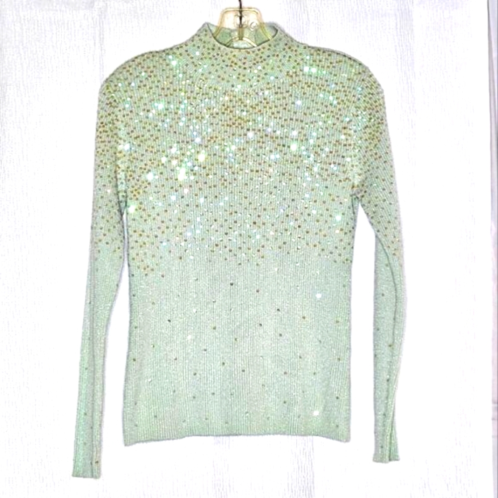 Once Again Minty Green Ribbed Sequined Long Sleeve Stretch Knit Sweater